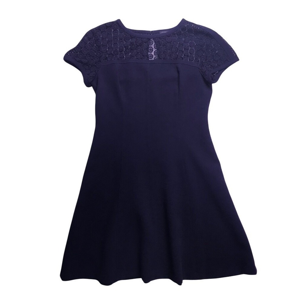 Ann Taylor Dress Womens 12 Navy Blue Excellent Lace Yoke Cap Sleeve Fit & Flare